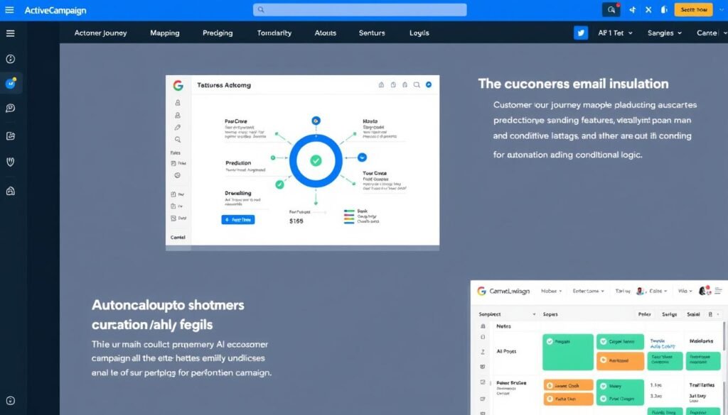 ActiveCampaign platform showing AI-powered email automation and predictive sending features for marketing campaigns