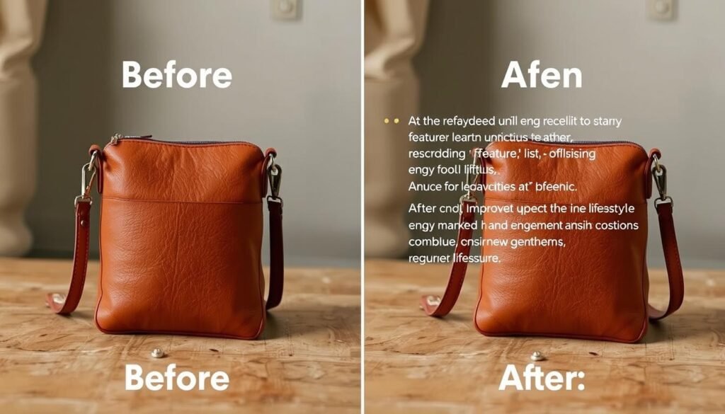Before and after comparison of fashion item product description with brown leather crossbody bag