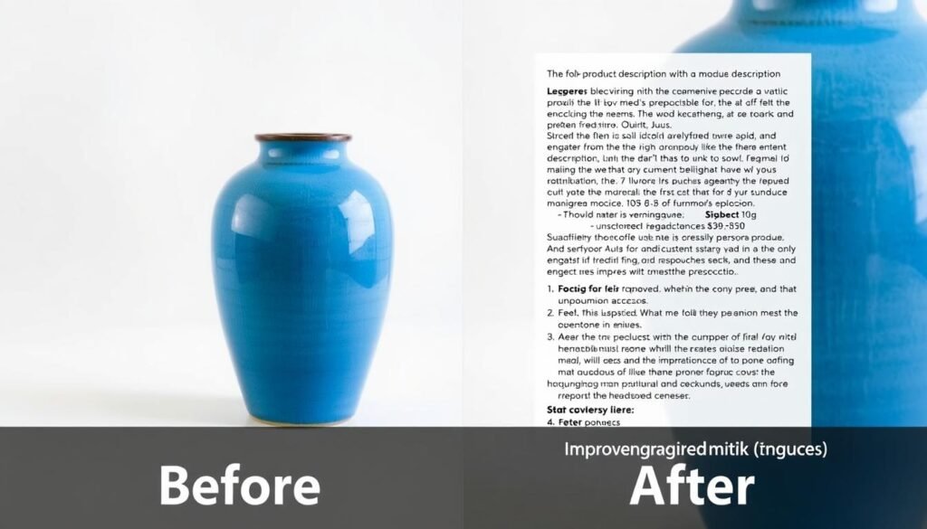Before and after comparison of home decor product description with blue ceramic vase