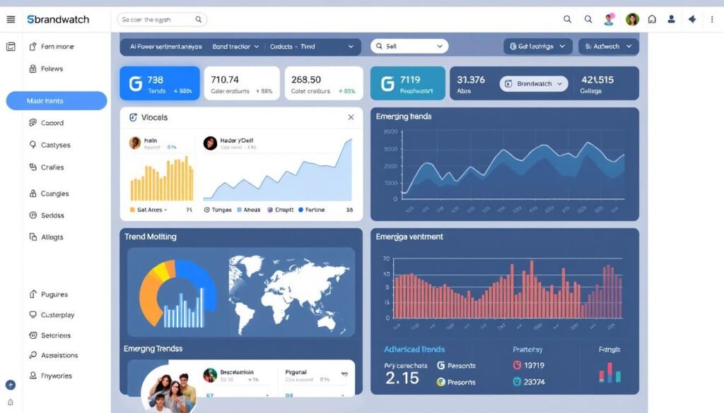 Brandwatch social media monitoring dashboard showing AI-powered sentiment analysis and trend tracking for marketing campaigns