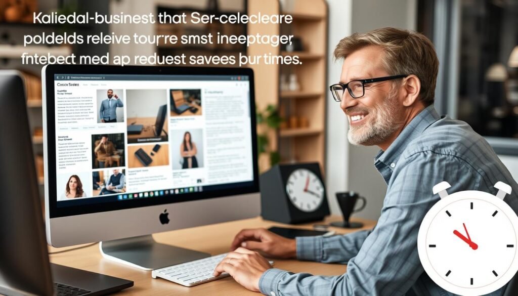 Business owner reviewing AI-generated product descriptions on computer with satisfied expression