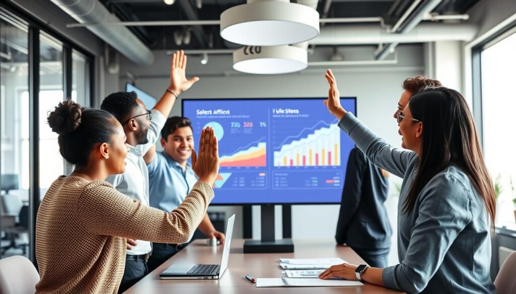 Business team celebrating improved sales results after implementing AI CRM