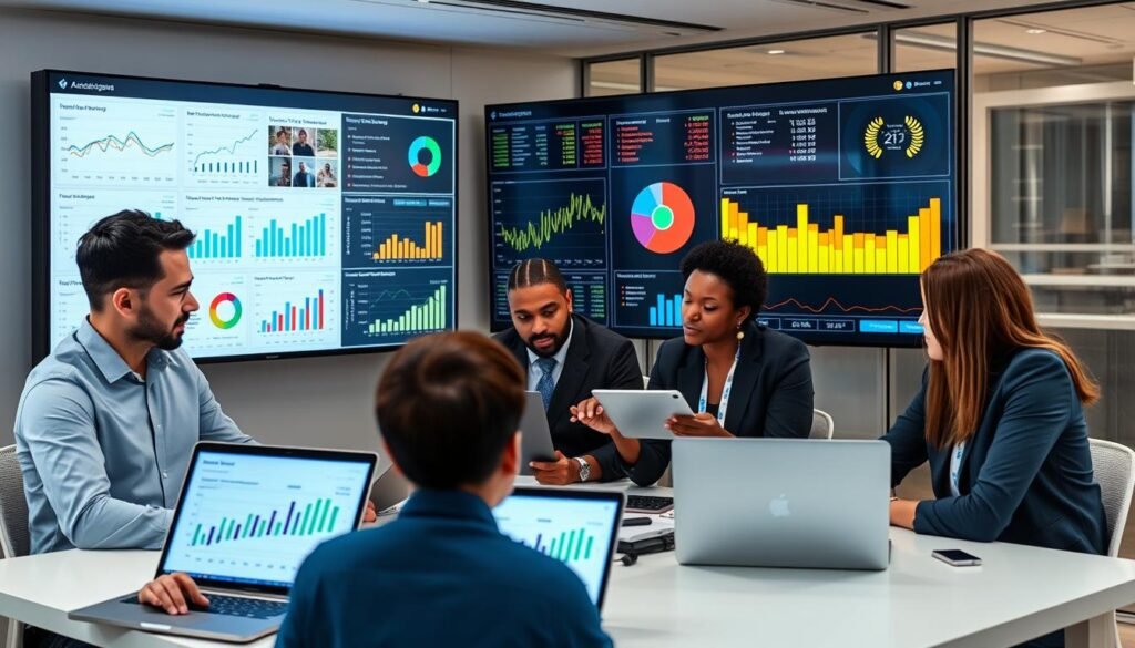 Business team reviewing AI CRM analytics on multiple devices