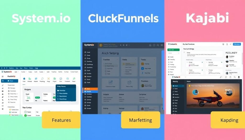 Comparison of Systeme.io, ClickFunnels, and Kajabi interfaces side by side