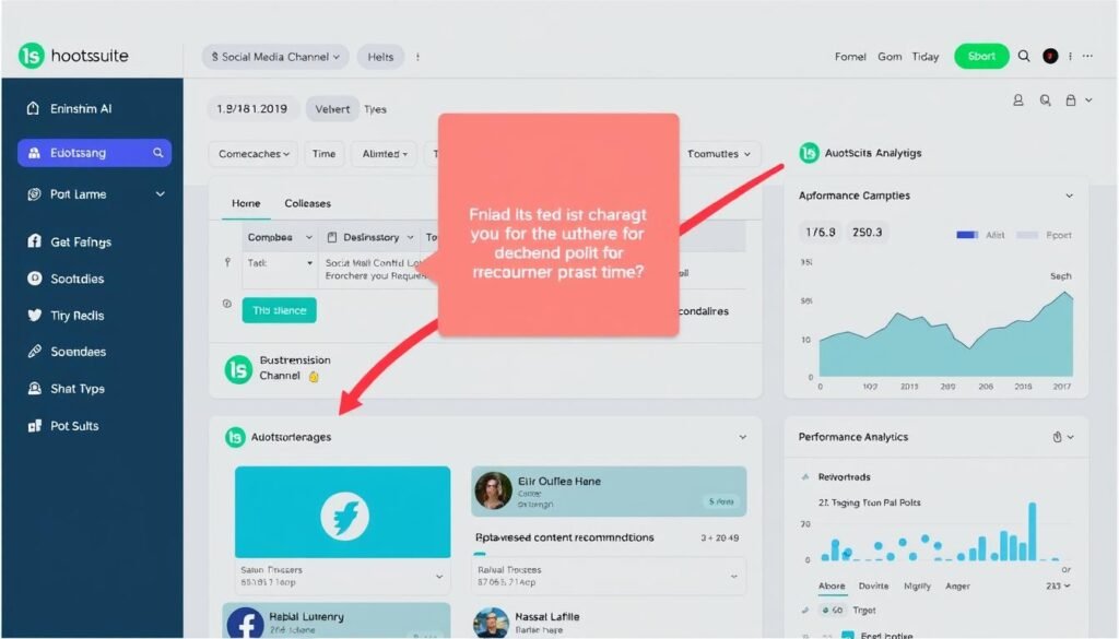 Hootsuite dashboard with Einstein AI features showing optimal posting times and content recommendations for marketing campaigns