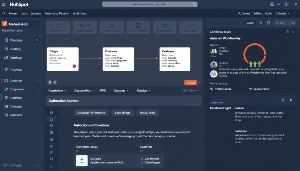 HubSpot Marketing Hub showing AI-powered automation workflows and personalization features