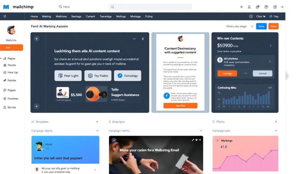Mailchimp dashboard showing AI content assistant for email marketing