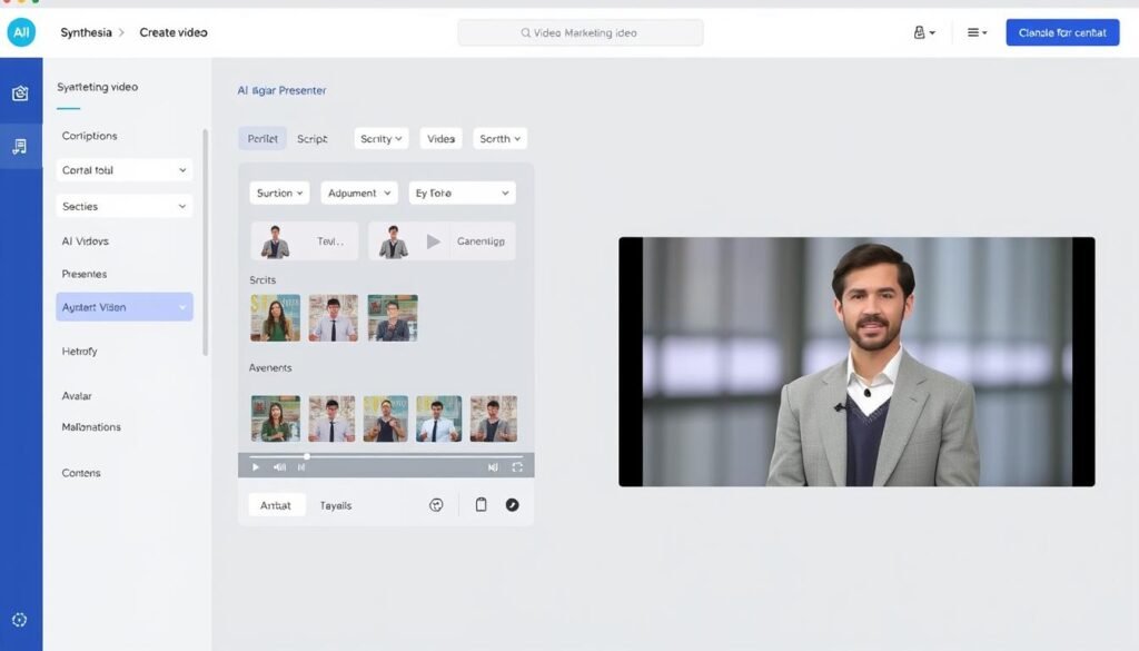 Synthesia AI video creation interface showing marketing video with AI avatar discussing Best AI Marketing Tools in 2025