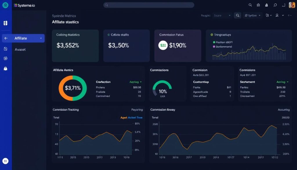Systeme.io affiliate dashboard showing performance metrics and commission tracking