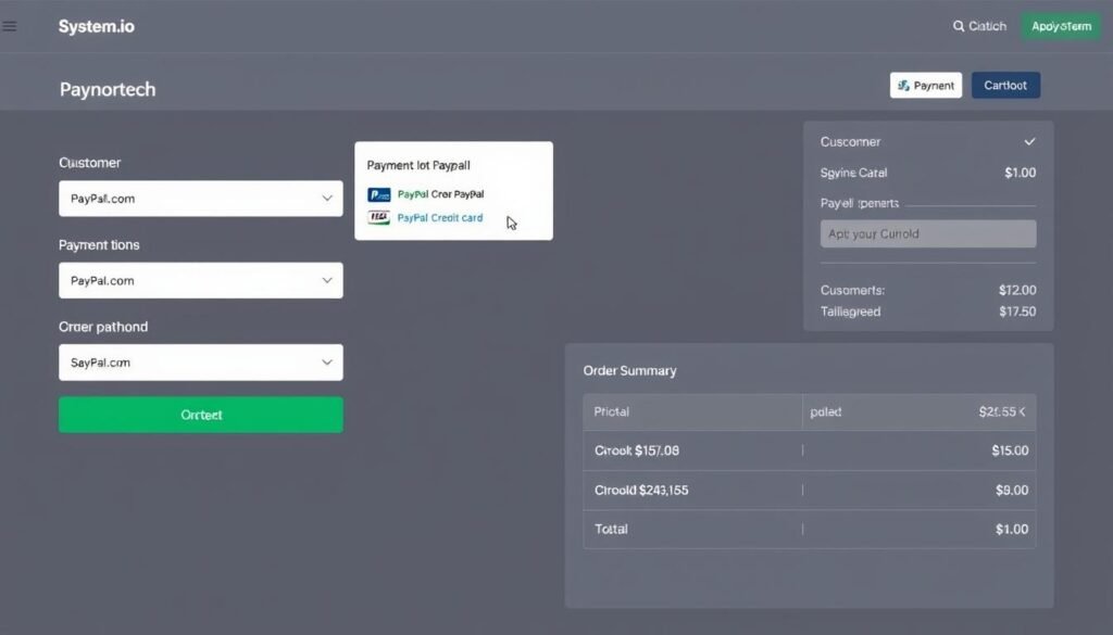 Systeme.io checkout page showing payment options and order summary