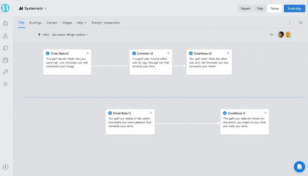 Systeme.io email automation workflow builder showing a visual sequence