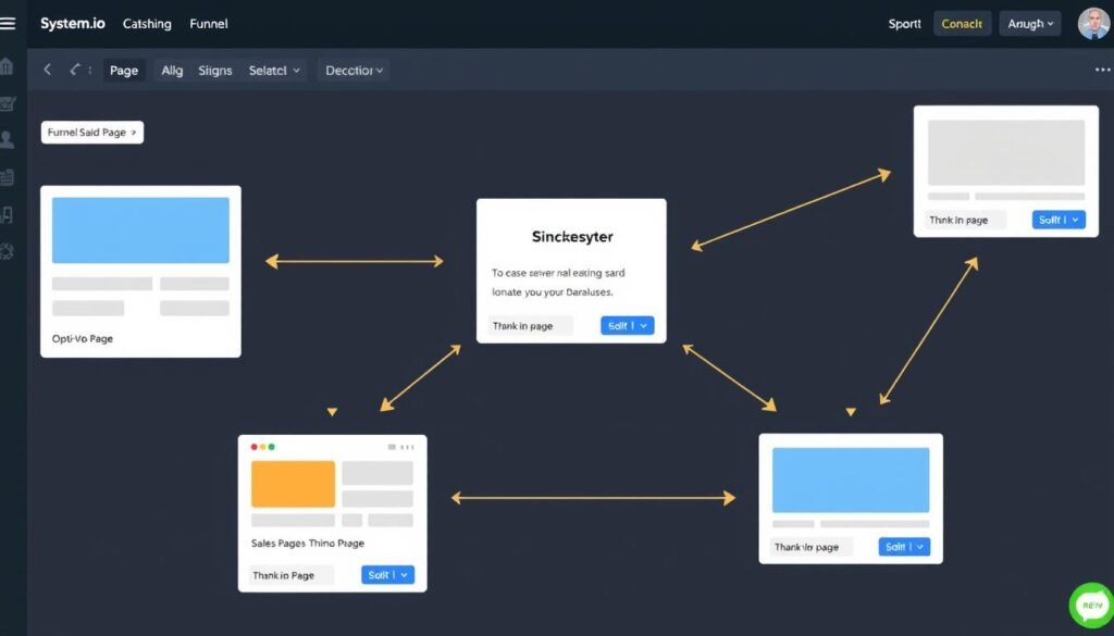 Systeme.io funnel builder showing a visual workflow of connected pages