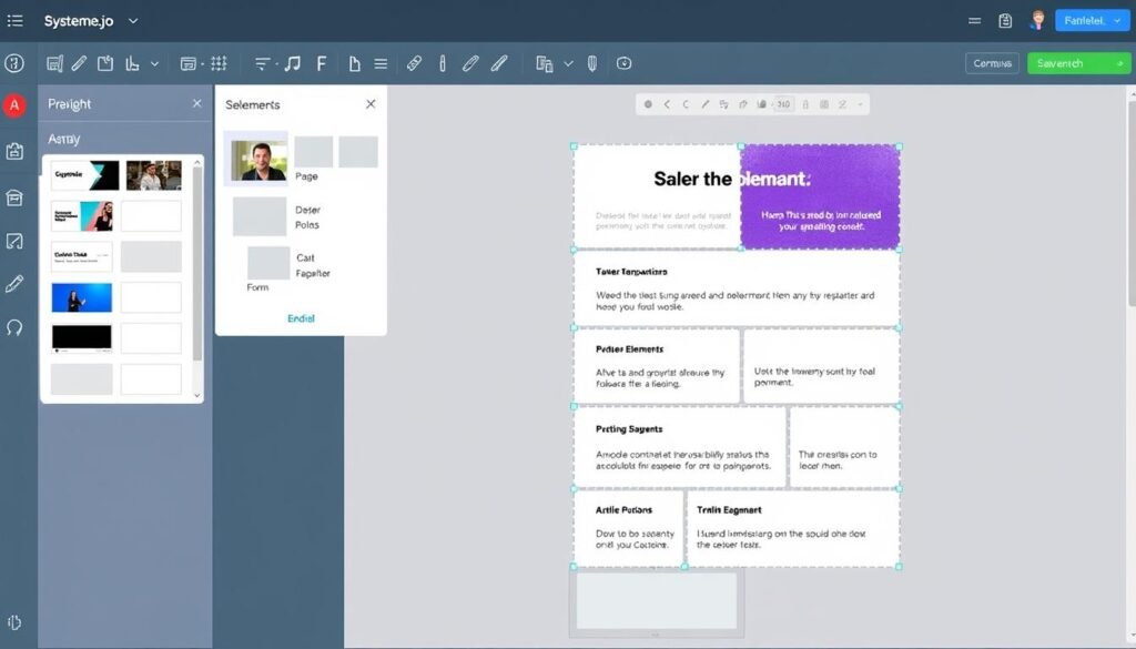 Systeme.io page builder showing the element selection panel and editing interface