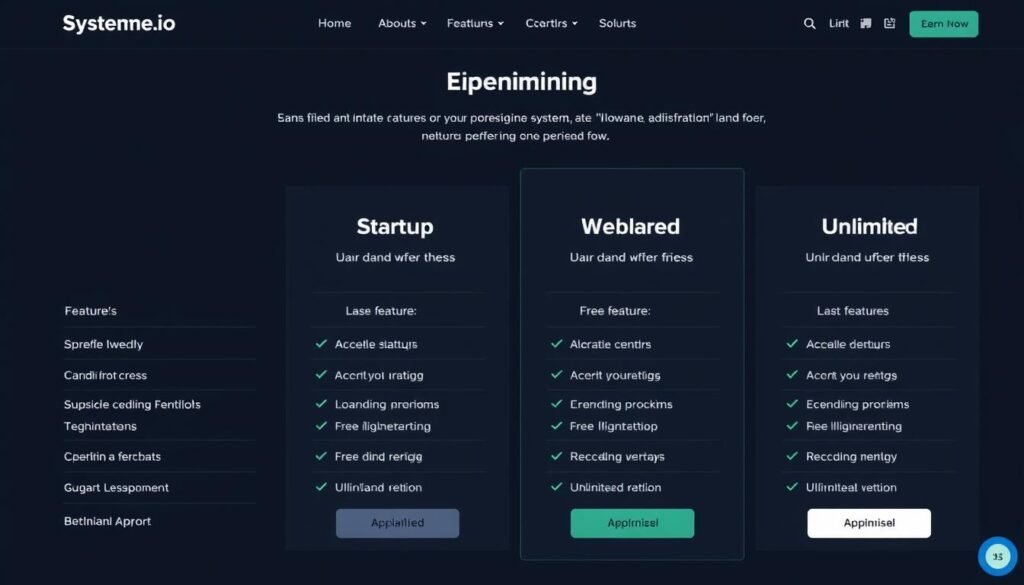Systeme.io pricing page showing the four plan options with feature comparisons