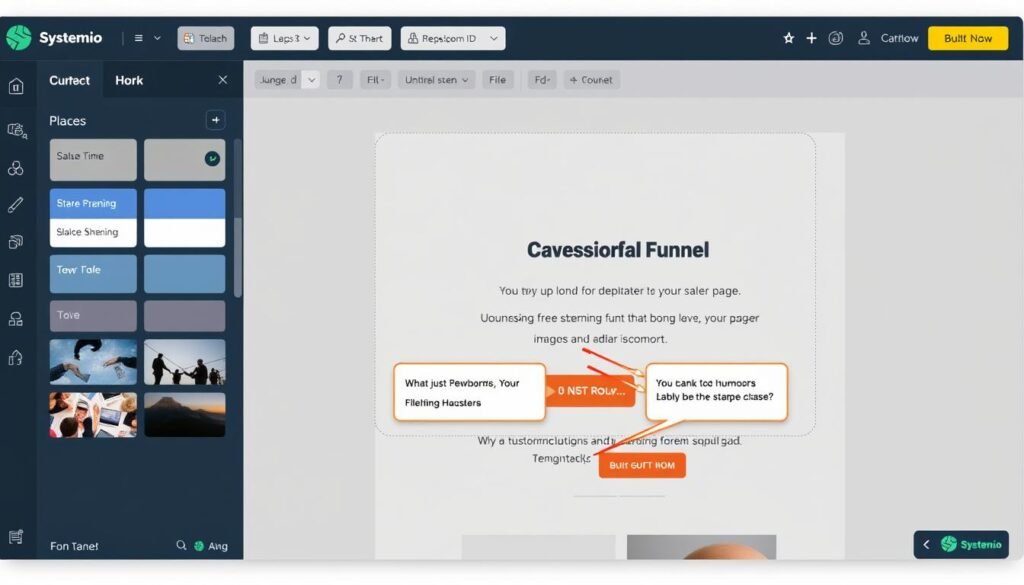 Systeme.io sales funnel builder interface showing a drag-and-drop editor
