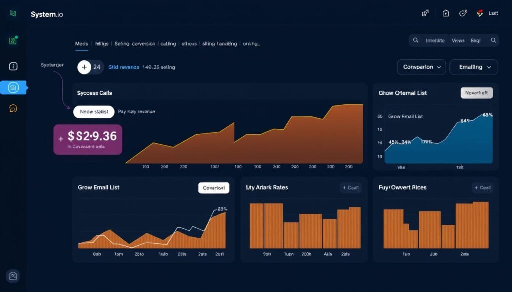 Systeme.io success story showing a dashboard with sales and conversion metrics