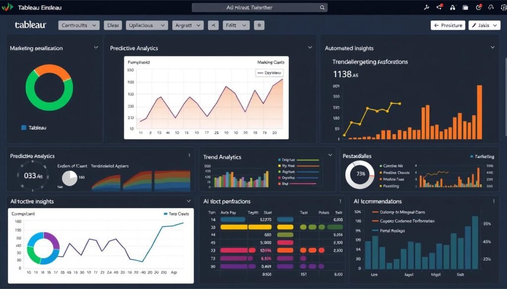 Tableau dashboard with Einstein AI features showing marketing data visualization and predictive analytics