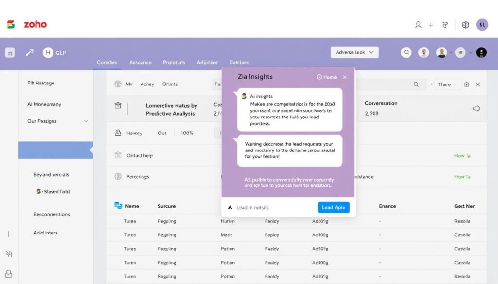 Zoho CRM with Zia AI assistant interface showing lead management features