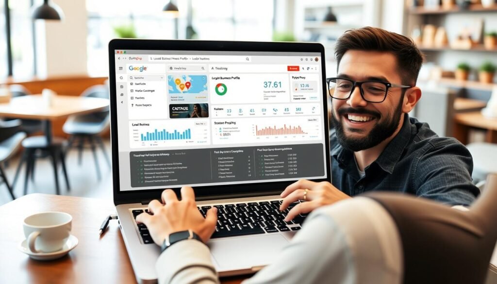 Business owner using AI tools to optimize local SEO on a laptop