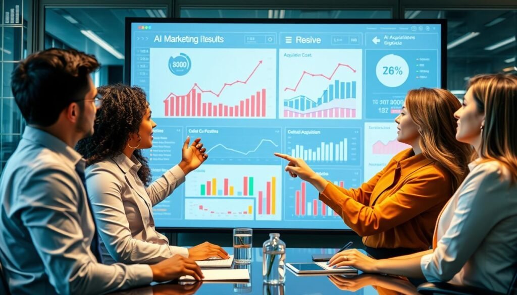 Business team reviewing artificial intelligence customer acquisition cost reduction results on dashboard