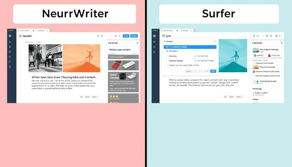 Comparison of NeuronWriter vs Surfer SEO showing interface differences