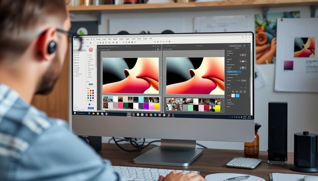 Designer creating images with AI design tools showing before and after results