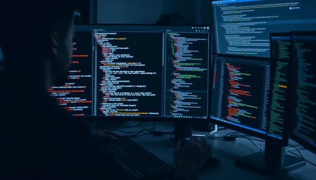 Developer using AI coding assistant with code suggestions appearing on screen