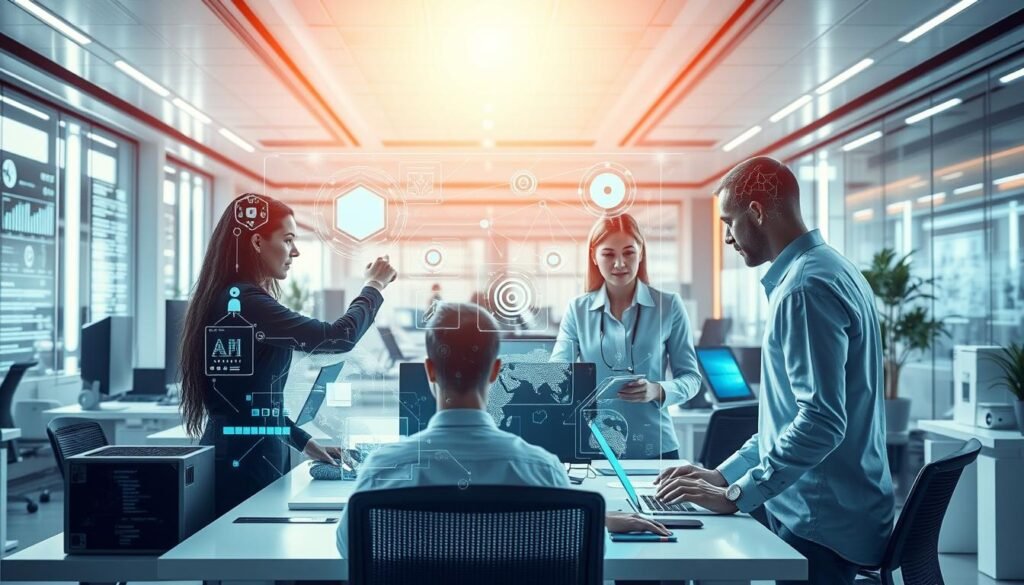Futuristic workspace with advanced AI integration showing collaboration between humans and AI