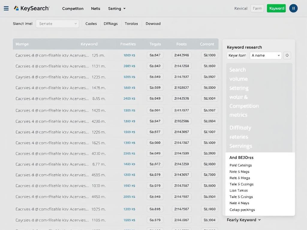 KeySearch keyword research interface showing search volume and competition metrics