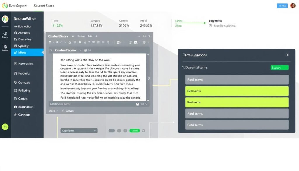 NeuronWriter content optimization process showing content score and term suggestions