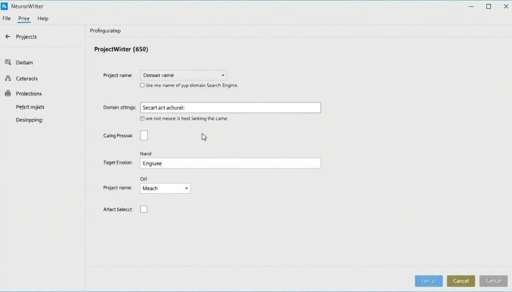 NeuronWriter project setup screen showing configuration options