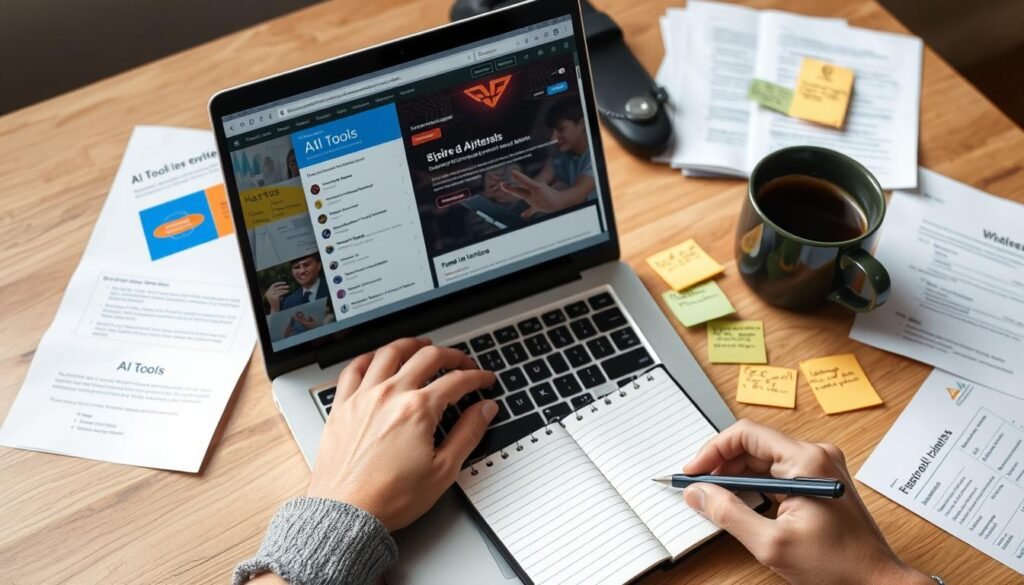 Person exploring AI tools on a laptop with notes and learning materials