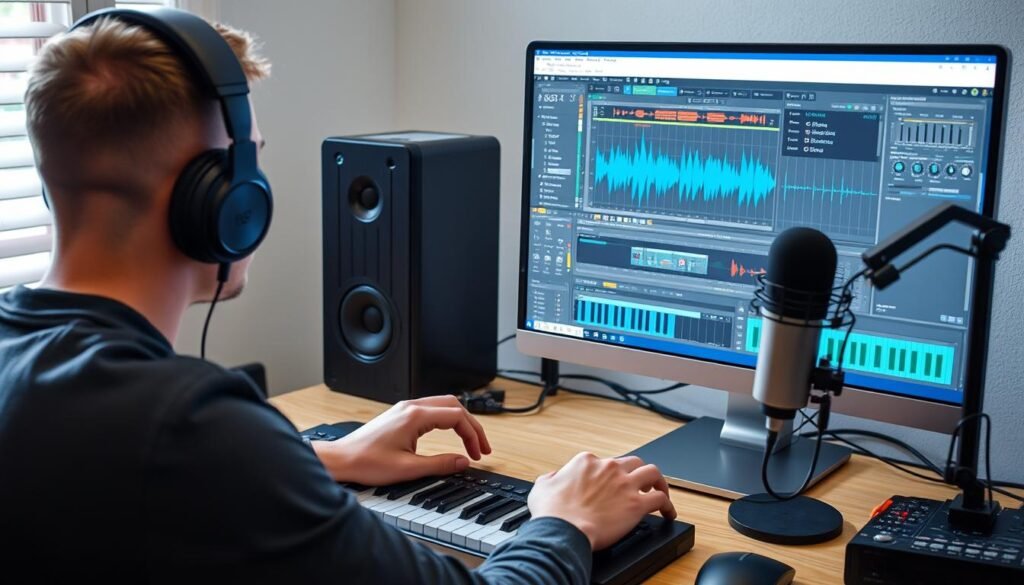 Person using AI audio tools to generate and edit voice and music content