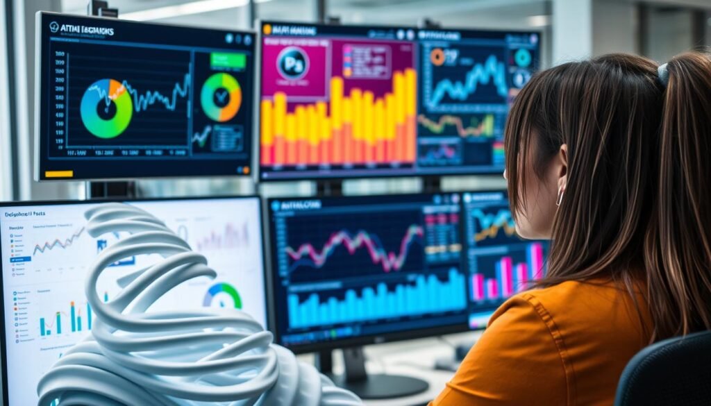 Professional analyzing data visualizations created by AI on multiple screens