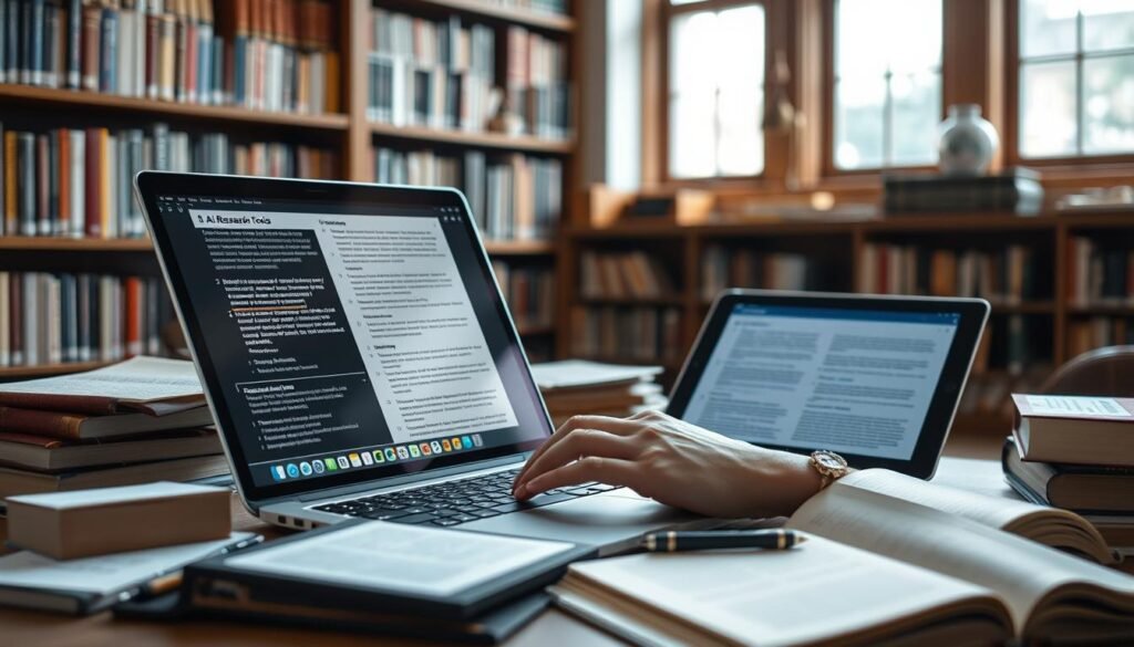 Researcher using AI research tools to analyze and synthesize information from multiple sources