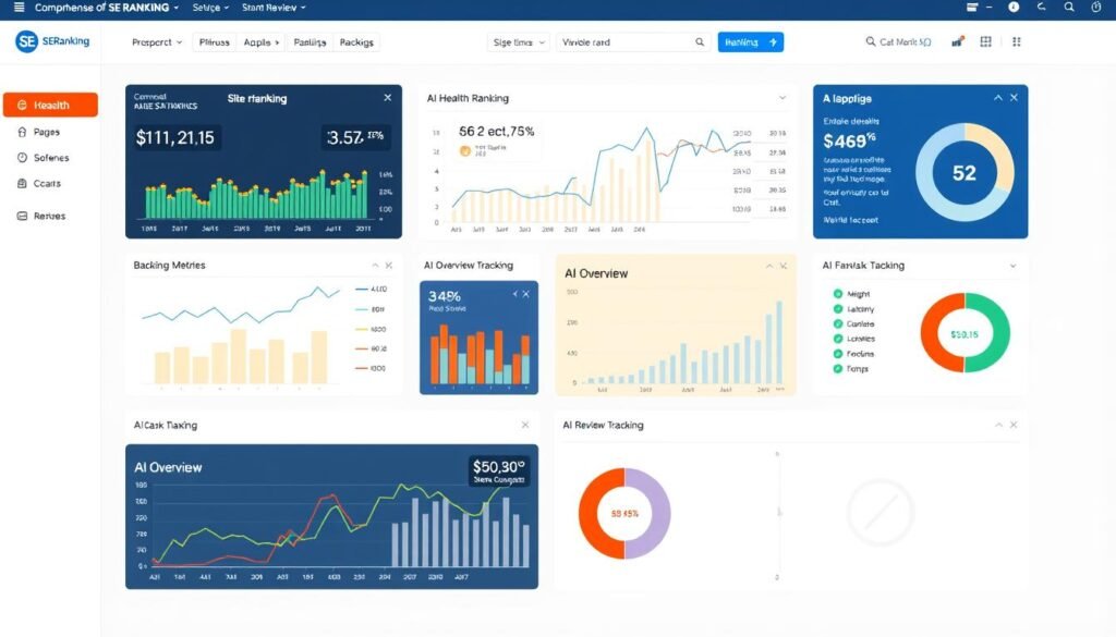 SE Ranking dashboard showing comprehensive SEO metrics and AI visibility tracking