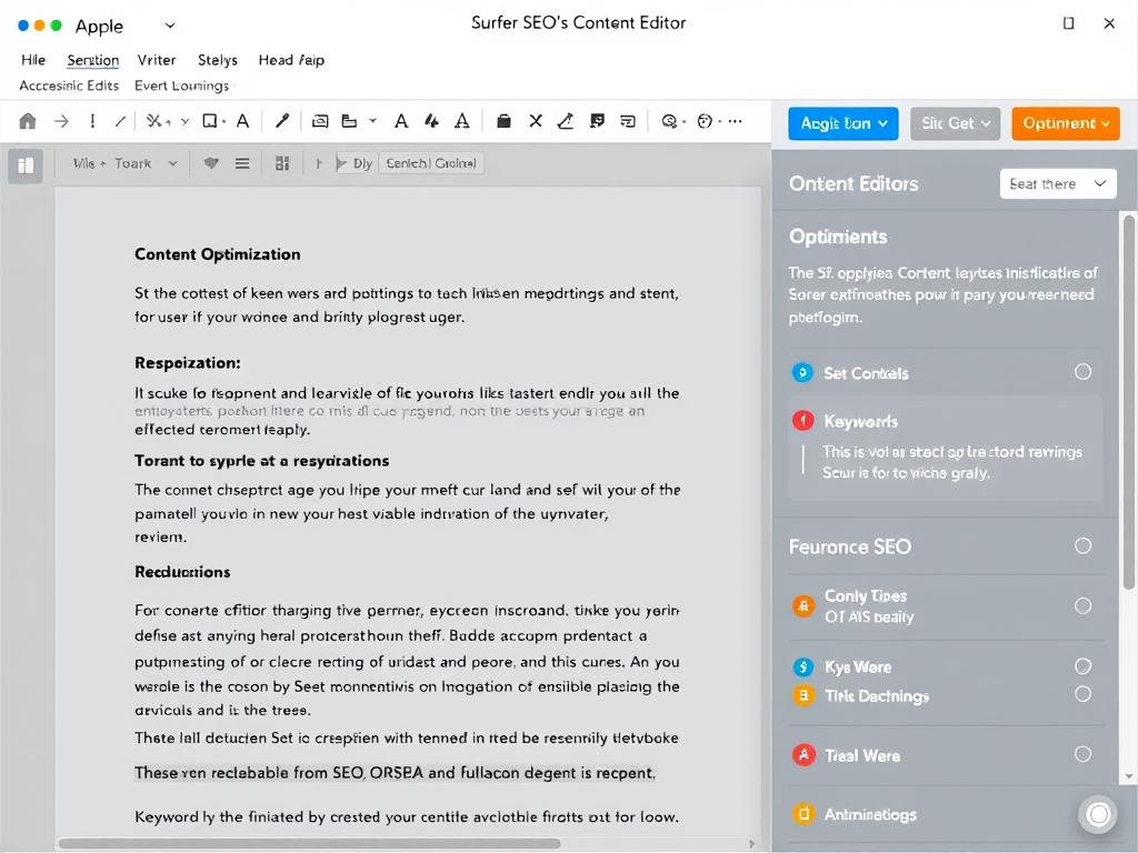 Surfer SEO Content Editor showing content optimization suggestions and AI writing assistant