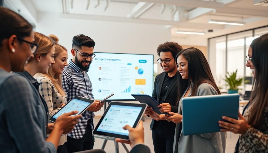 Team collaborating on a project using AI project management tools