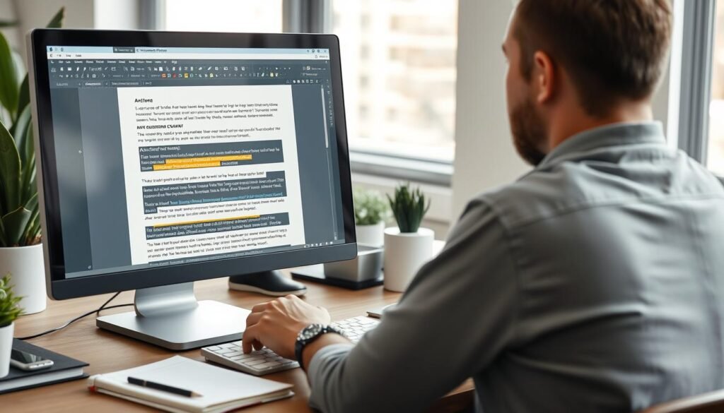 Writer using AI writing assistant with suggested text appearing on screen