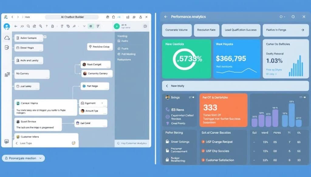 AI chatbot interface showing conversation flows and analytics dashboard