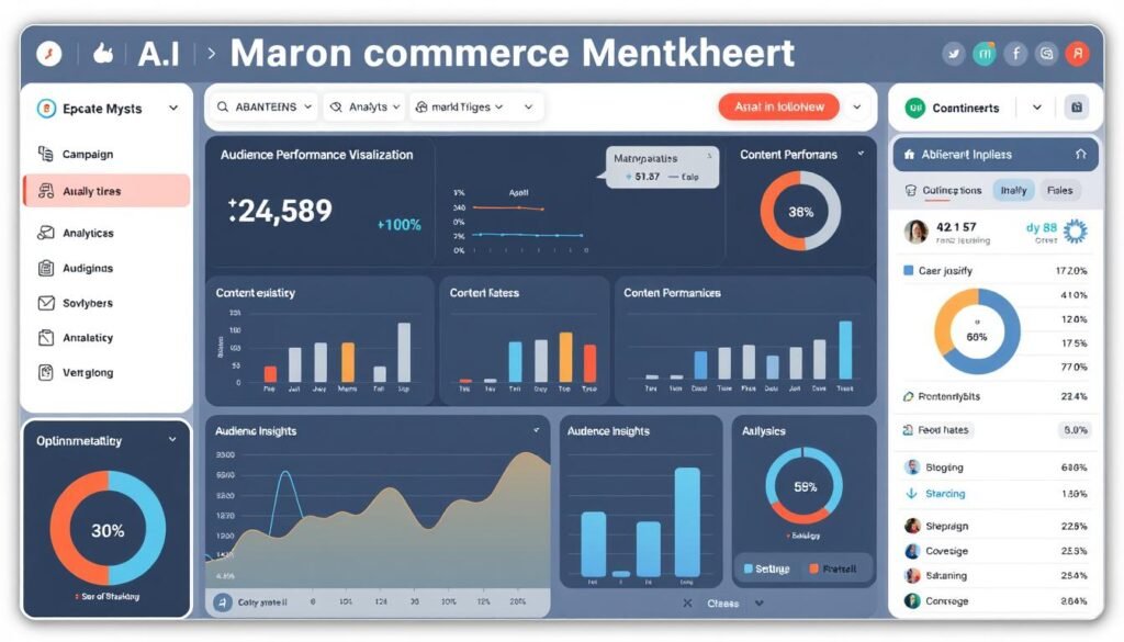 AI marketing dashboard showing campaign performance metrics, audience segmentation, and content optimization suggestions