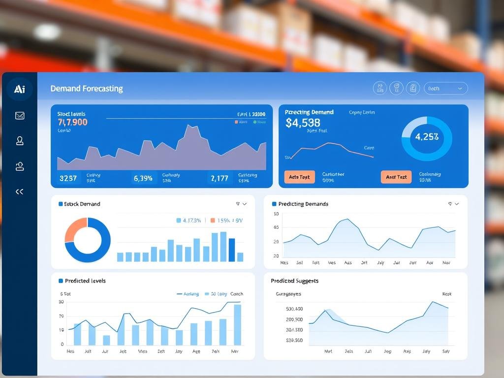 AI-powered inventory management dashboard showing demand forecasting graphs, stock level predictions, and automated reordering suggestions