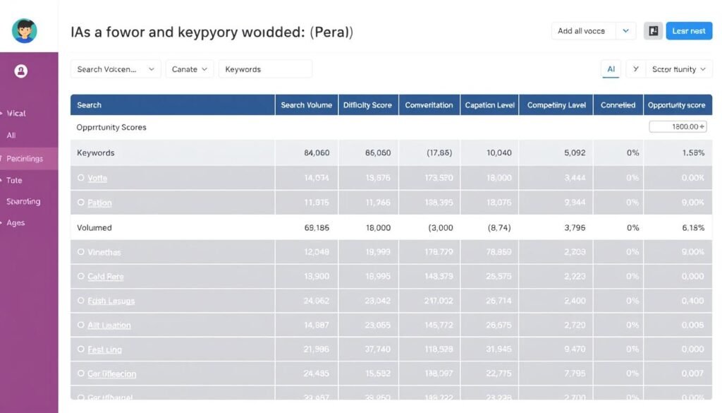 AI-powered keyword prioritization dashboard showing various metrics and scoring