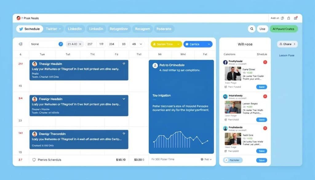 AI-powered social media dashboard showing scheduled posts and performance metrics