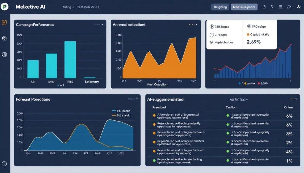 AI predictive analytics dashboard showing campaign performance forecasts and optimization recommendations