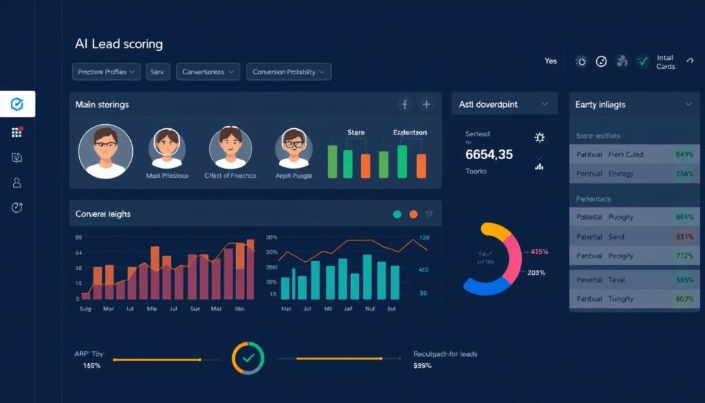AI predictive analytics dashboard showing lead scoring and conversion probability