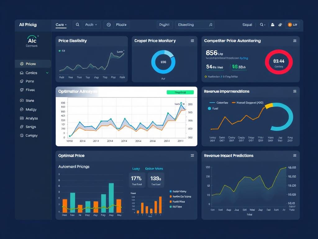 AI pricing optimization dashboard showing price elasticity analysis, competitor monitoring, and revenue impact predictions