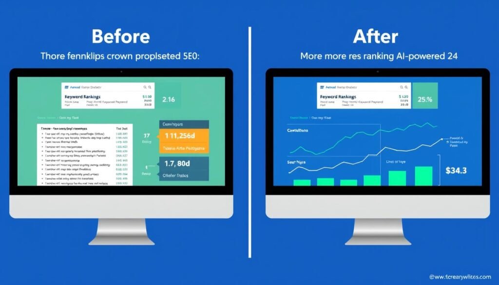 Before and after comparison of keyword rankings after implementing AI-powered SEO