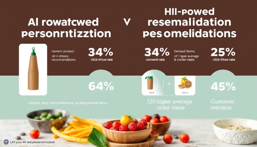 Comparison of traditional vs. AI-powered personalization showing improved customer engagement metrics for a food marketplace