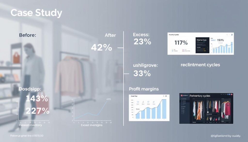Dashboard showing AI-powered inventory optimization results for a fashion retailer with reduced stockouts and improved margins